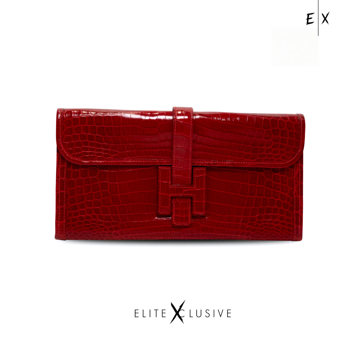 BELOW RETAIL - HERMES JIGE ELAN 29 CLUTCH ROUGE NILOTICUS CROCODILE